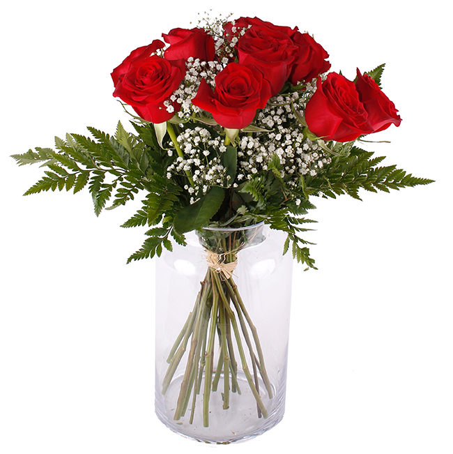 TENTACIÓN Ramo de Rosas Rojas romántico y elegante, compuesto por rosas rojas de tallo medio acompañado de gypsophila y eucalipto. Floristería Pétalos, Tienda Online. Alcalá de Henares, Madrid.