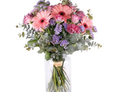 AMOR SILVESTRE Ramo de rosas, gerberas, claveles y statis. Floristería Pétalos · Tienda Online. Alcalá de Henares, Madrid.